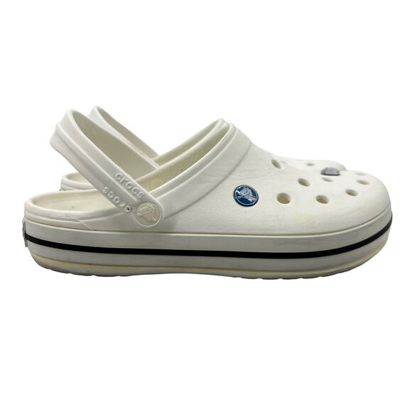 Crocs Womens 9 Sandals White Black Stripe Clogs Slip On Swivel Strap Croslite - Picture 1 of 11